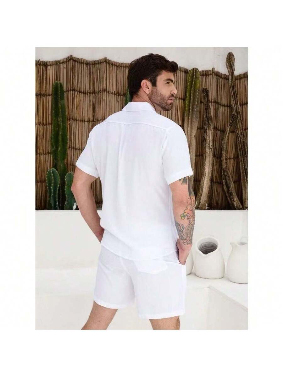 Conjunto Masculina  Camisa e Shorts lisa Slim em viscose e linho