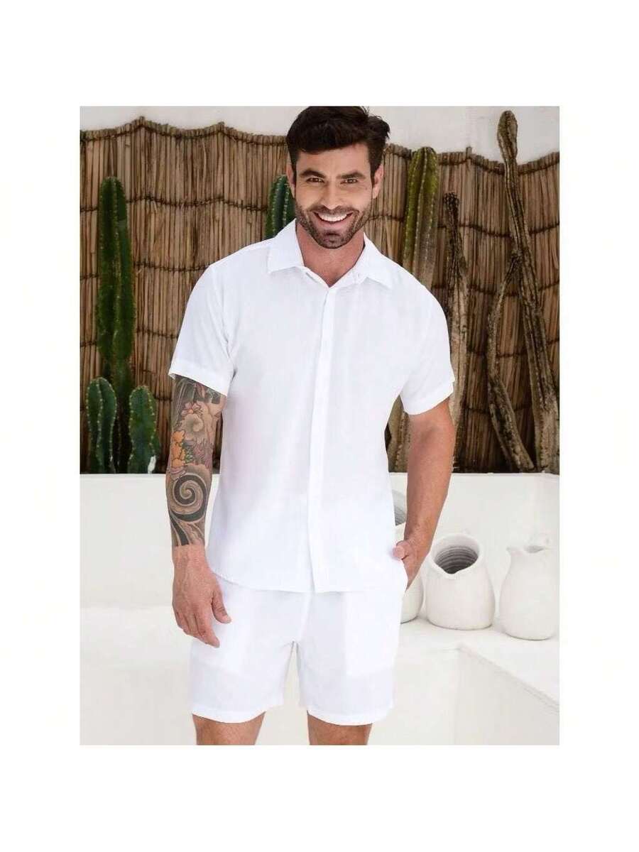 Conjunto Masculina  Camisa e Shorts lisa Slim em viscose e linho