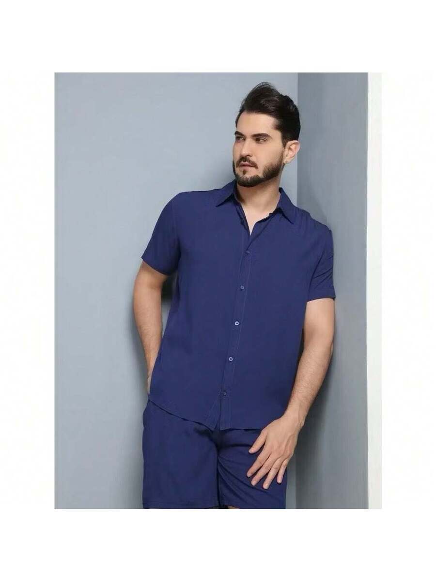 Conjunto Masculina  Camisa e Shorts lisa Slim em viscose e linho