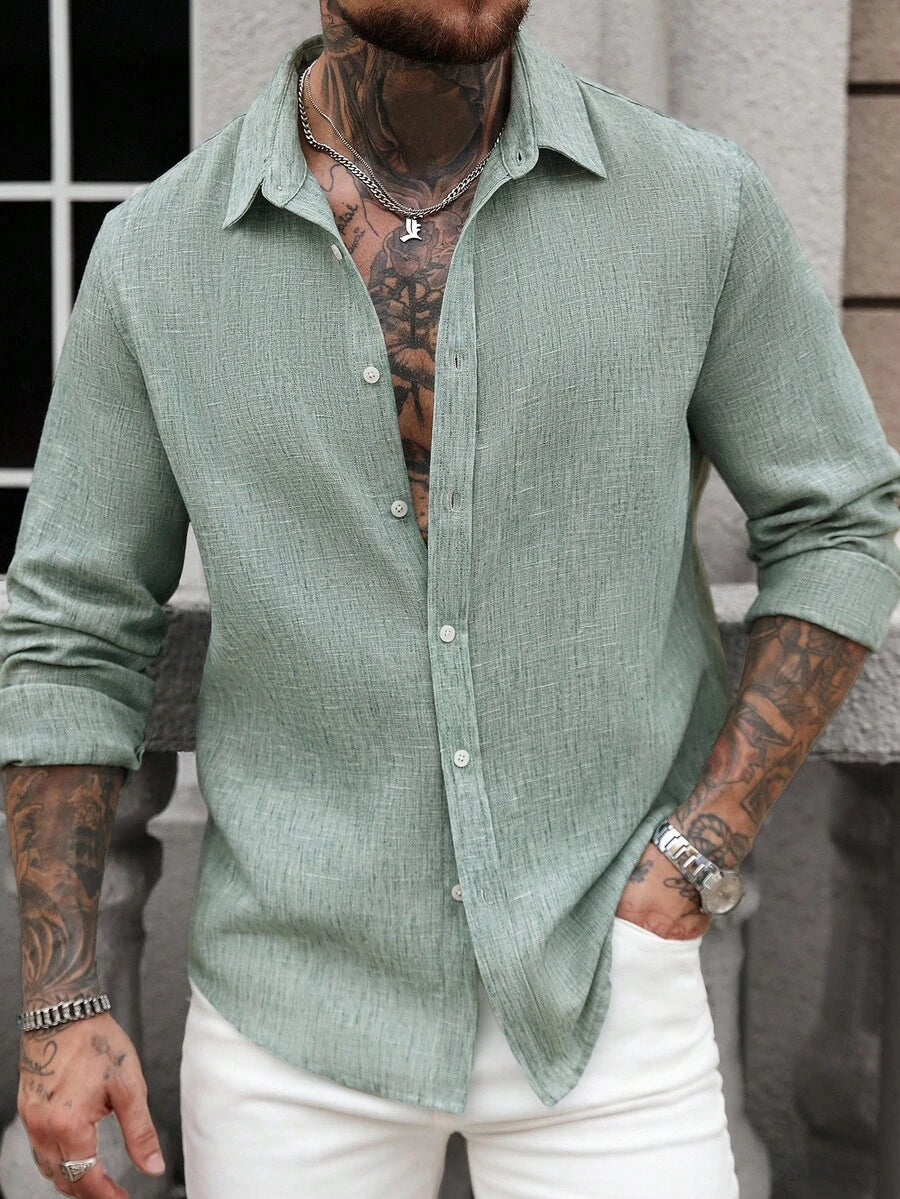 Camisa Masculina Manga Longa com Botões e Linho Bayer