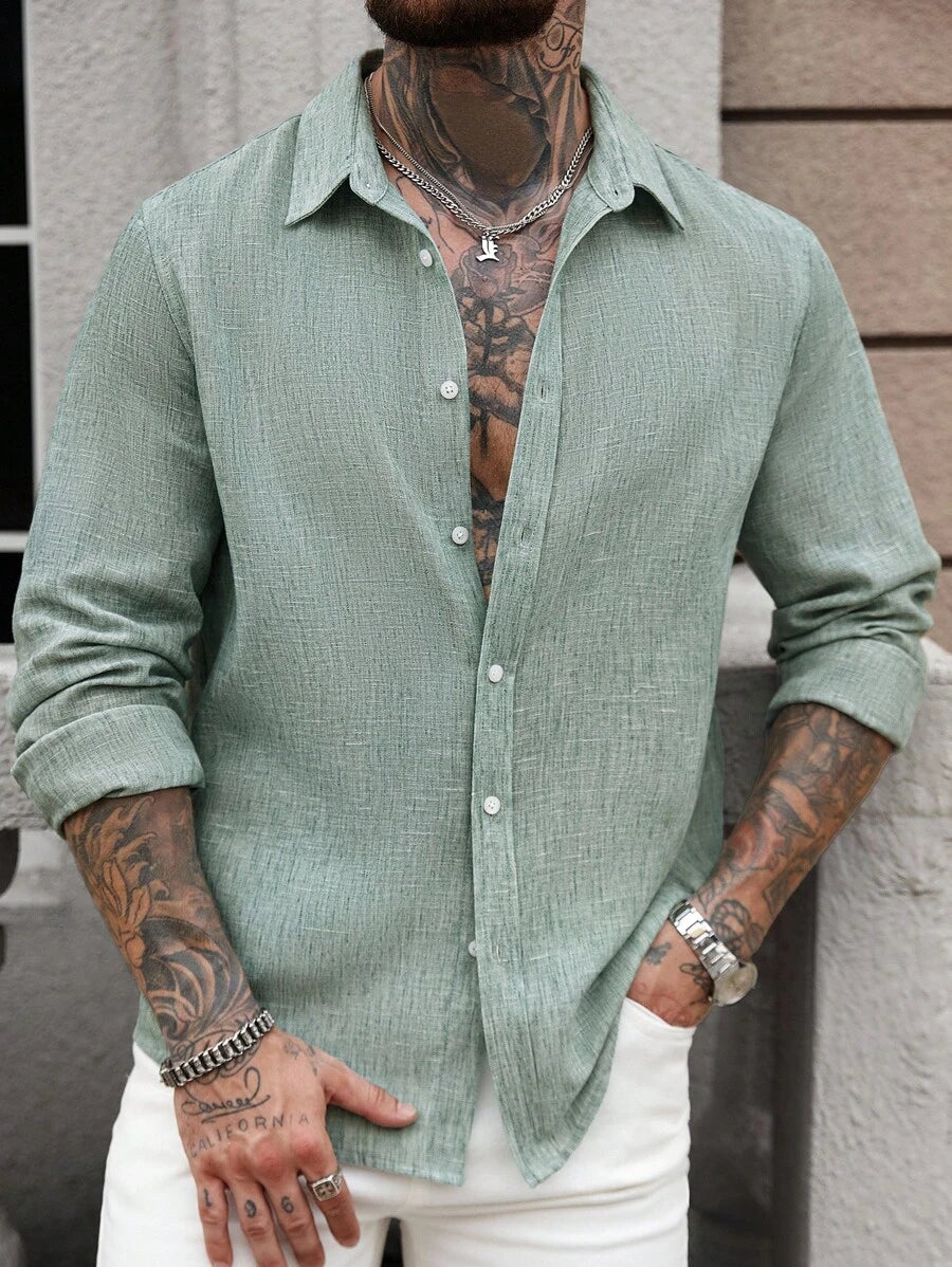 Camisa Masculina Manga Longa com Botões e Linho Bayer