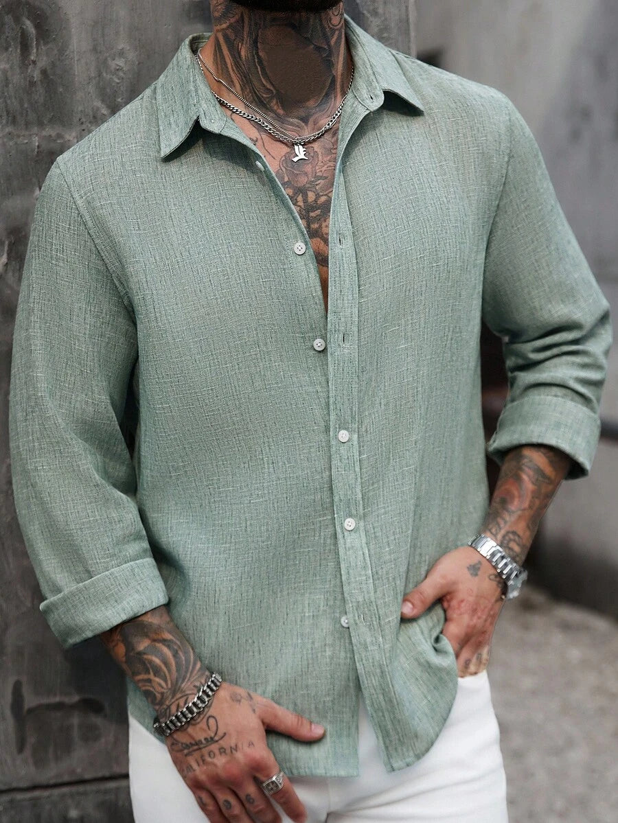 Camisa Masculina Manga Longa com Botões e Linho Bayer