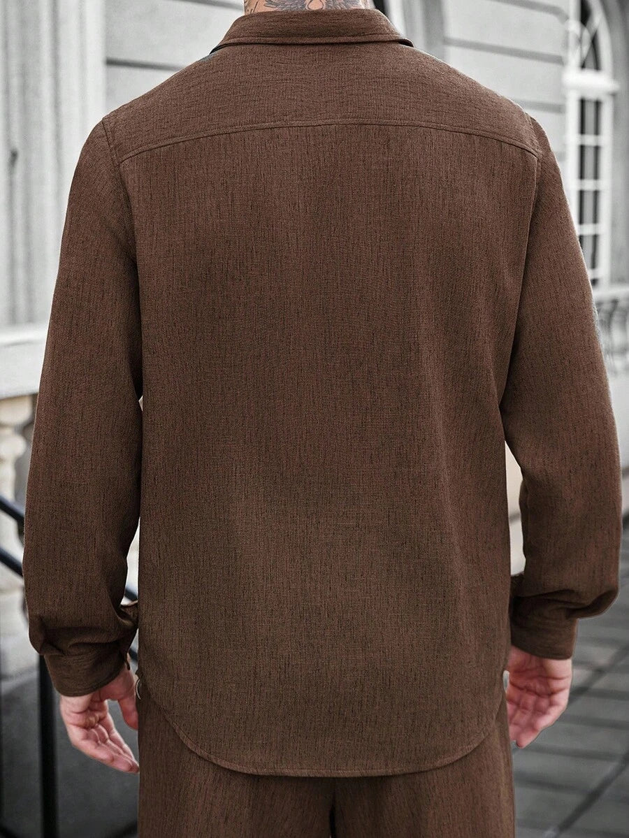 Camisa Masculina Casual de Linho de Manga Longa com Abotoamento Clock