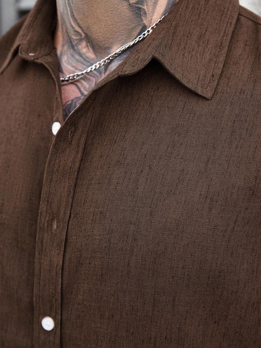 Camisa Masculina Casual de Linho de Manga Longa com Abotoamento Clock