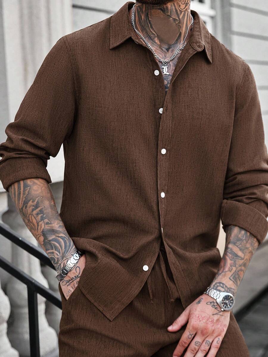 Camisa Masculina Casual de Linho de Manga Longa com Abotoamento Clock