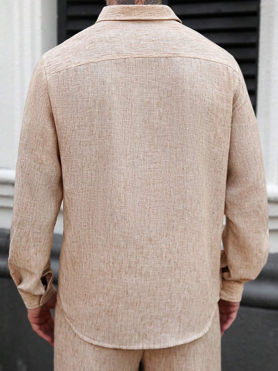 Camisa Masculina Casual de Linho de Manga Longa com Abotoamento Clock