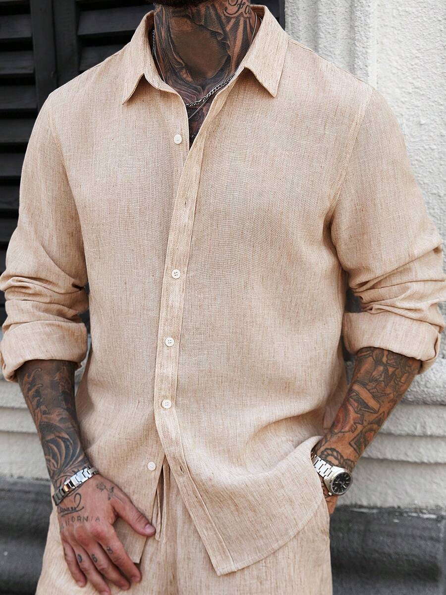 Camisa Masculina Casual de Linho de Manga Longa com Abotoamento Clock