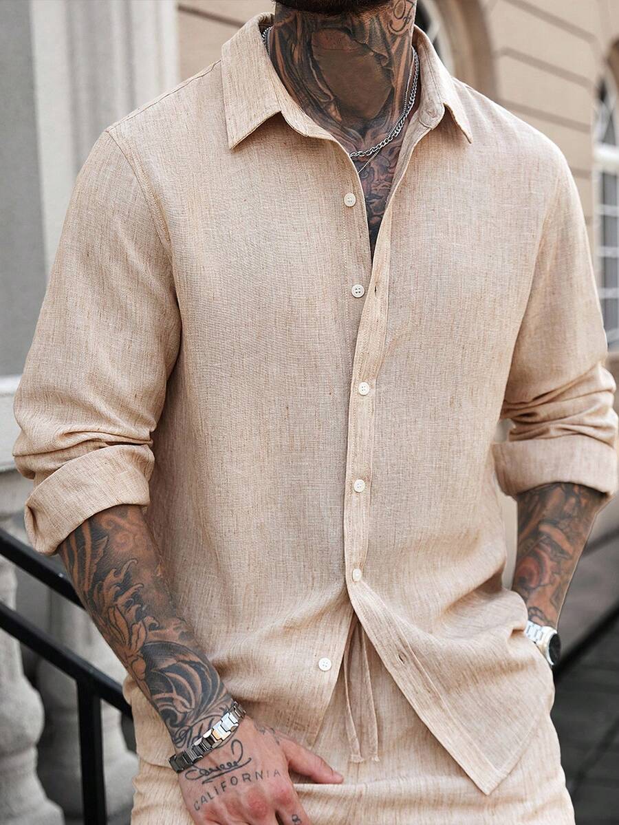 Camisa Masculina Casual de Linho de Manga Longa com Abotoamento Clock