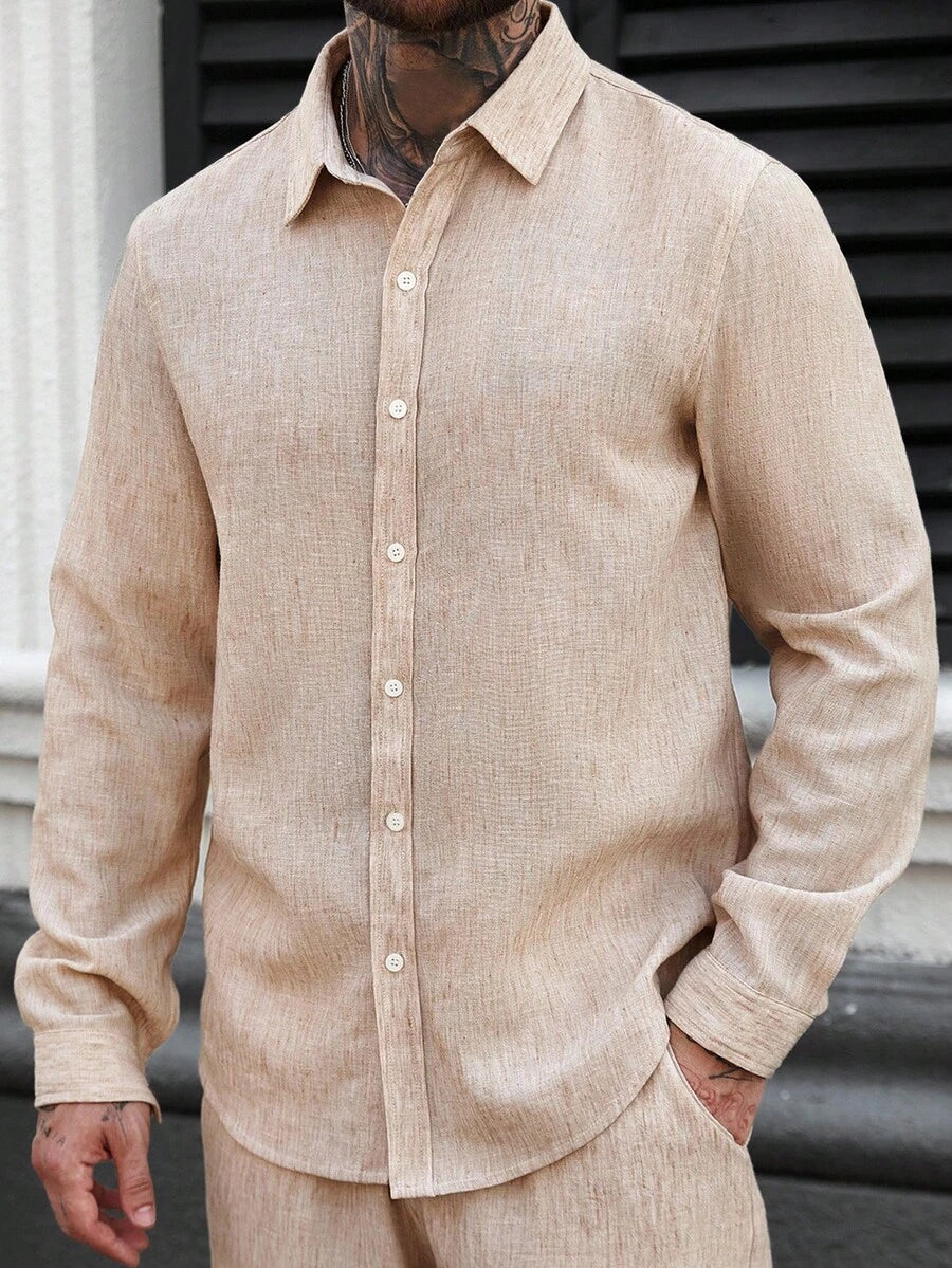 Camisa Masculina Casual de Linho de Manga Longa com Abotoamento Clock