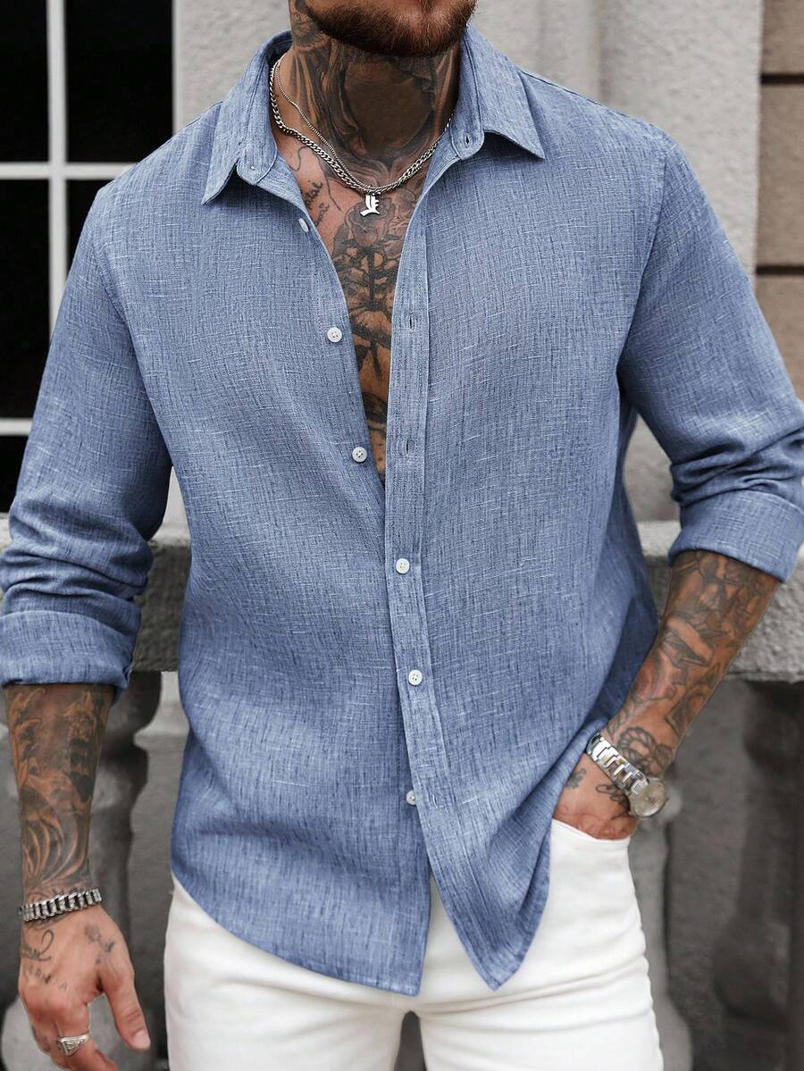 Camisa Masculina Casual de Linho de Manga Longa com Abotoamento Clock