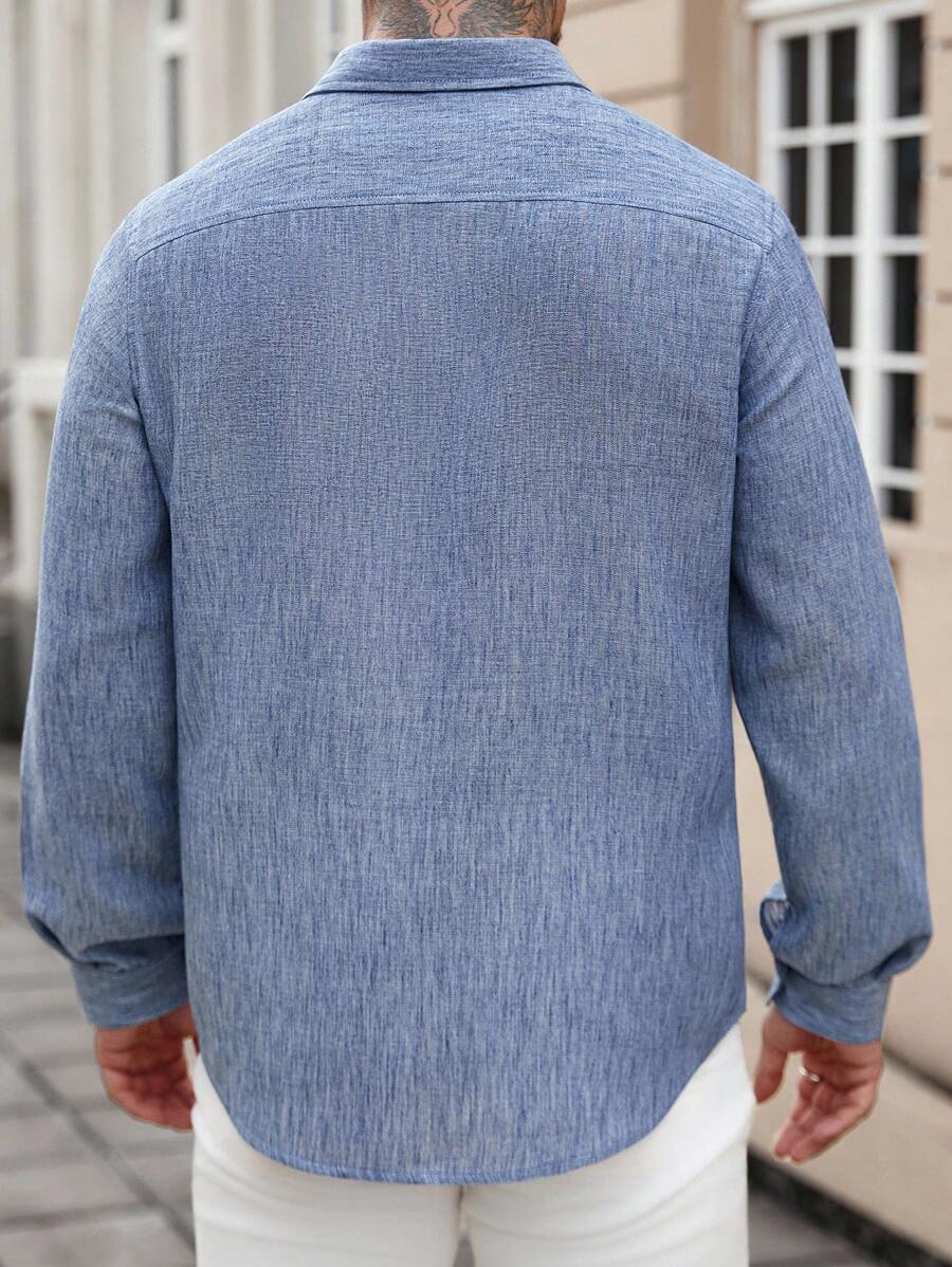 Camisa Masculina Casual de Linho de Manga Longa com Abotoamento Clock