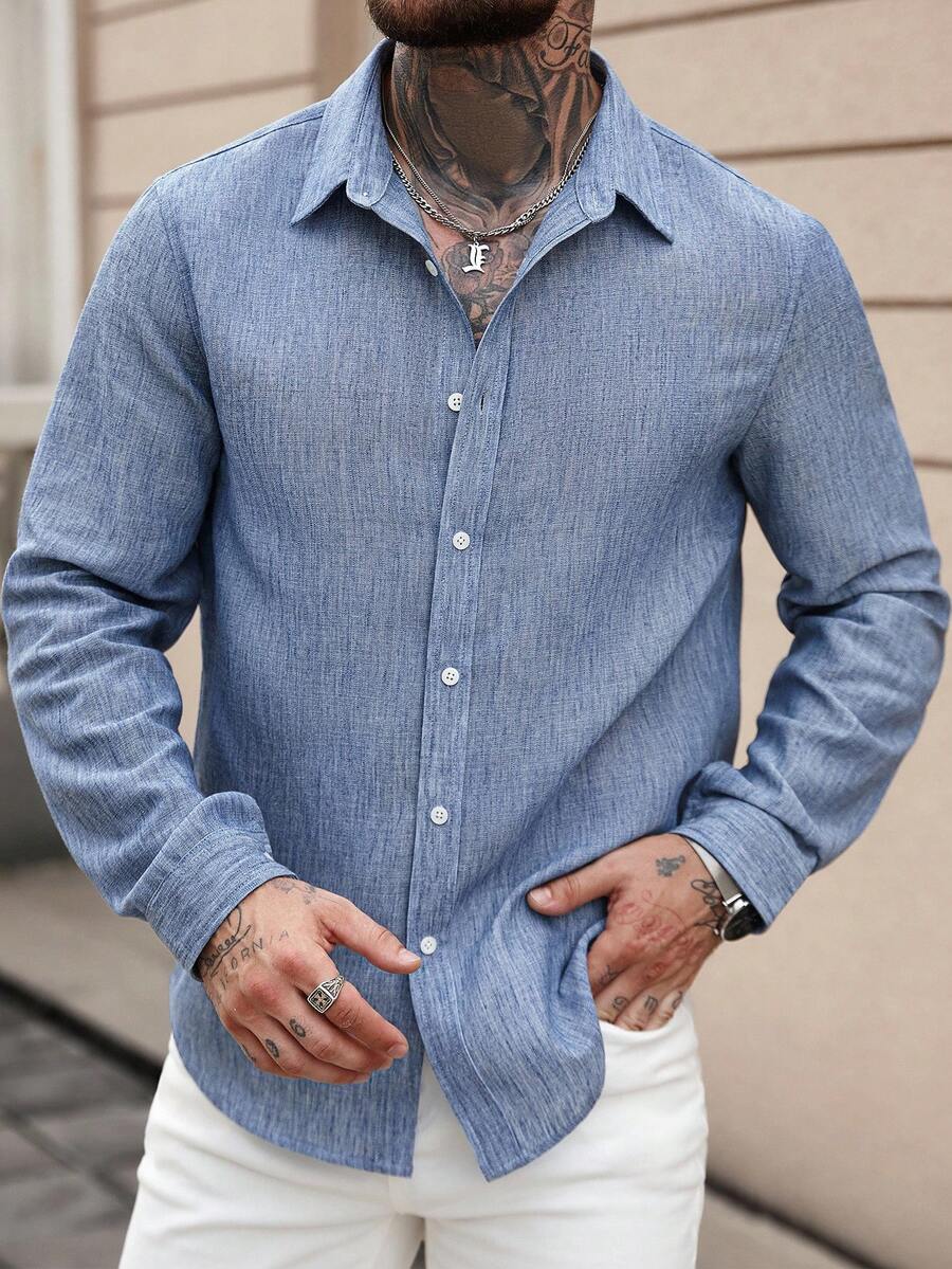 Camisa Masculina Casual de Linho de Manga Longa com Abotoamento Clock