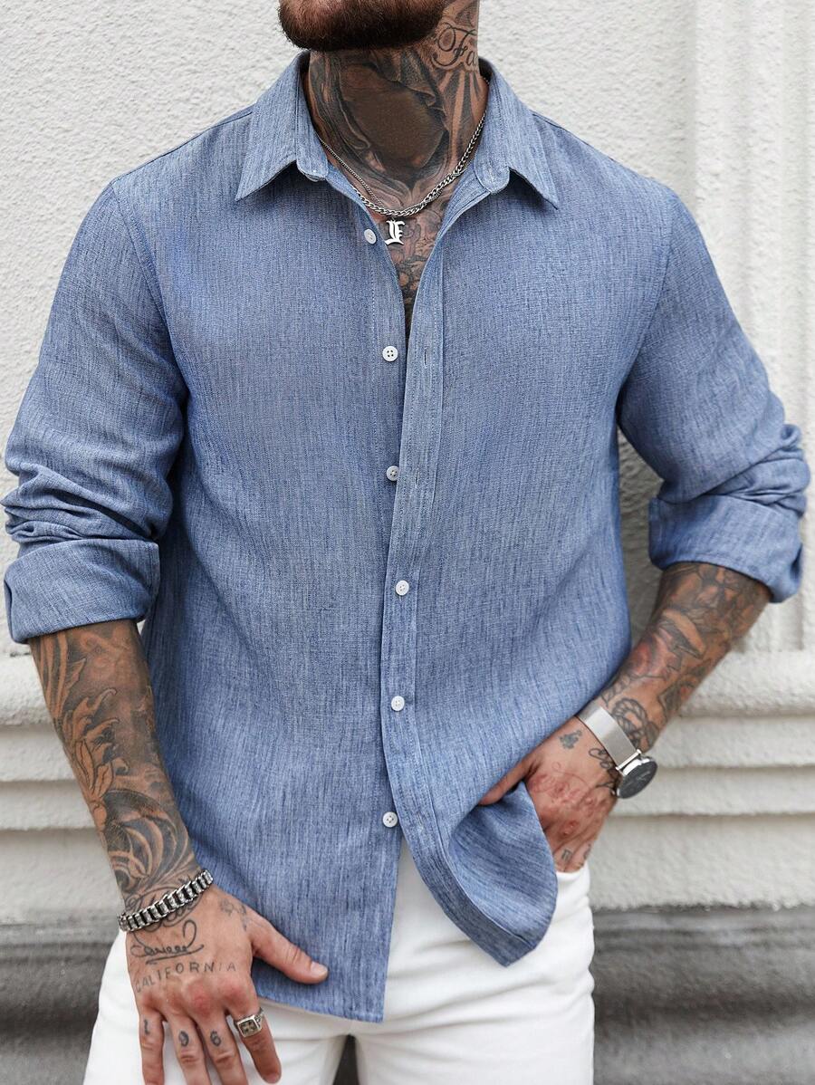 Camisa Masculina Casual de Linho de Manga Longa com Abotoamento Clock