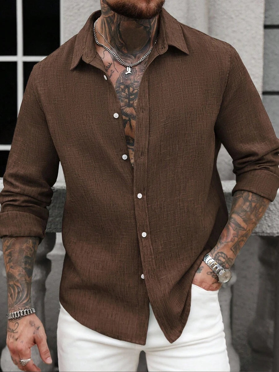 Camisa Masculina Casual de Linho de Manga Longa com Abotoamento Clock