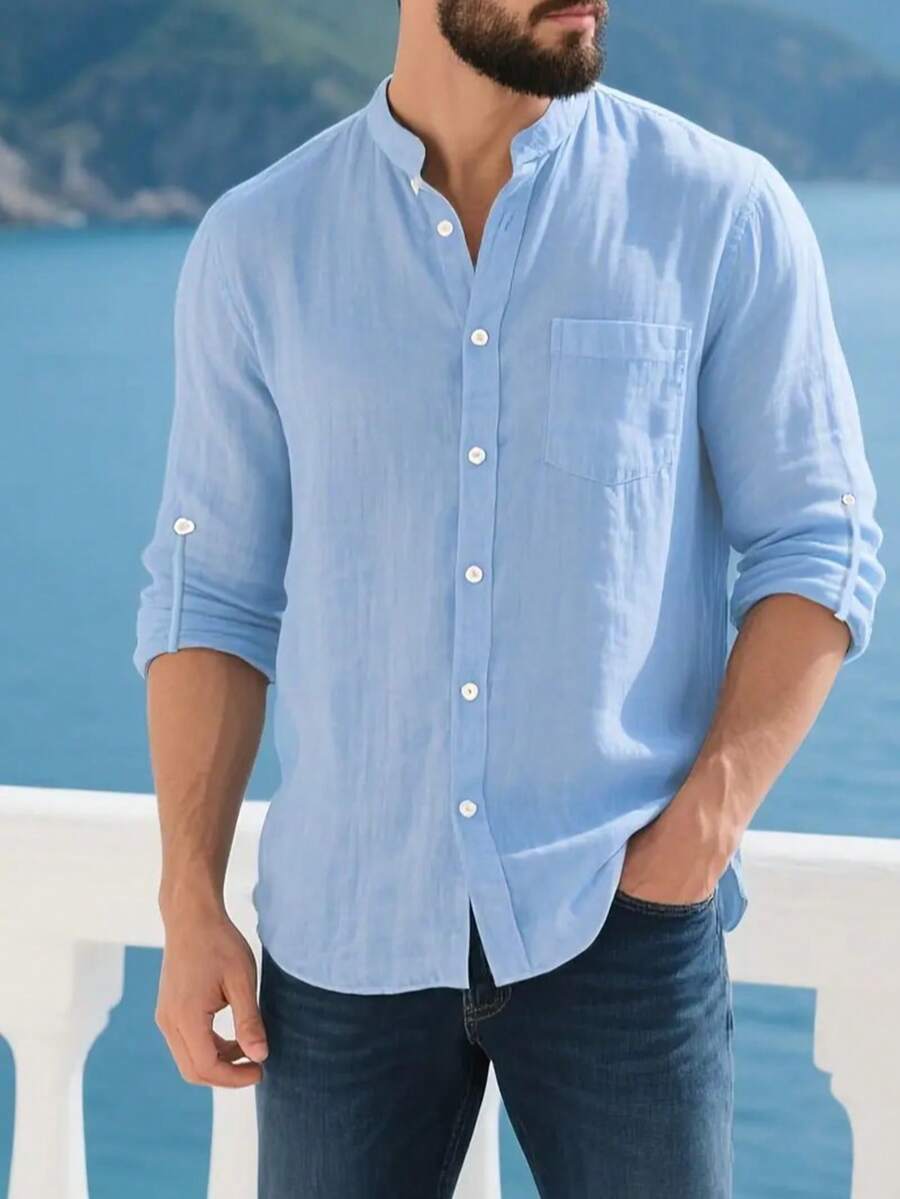 Camisa Masculina Social de Linho Respirável com Botões