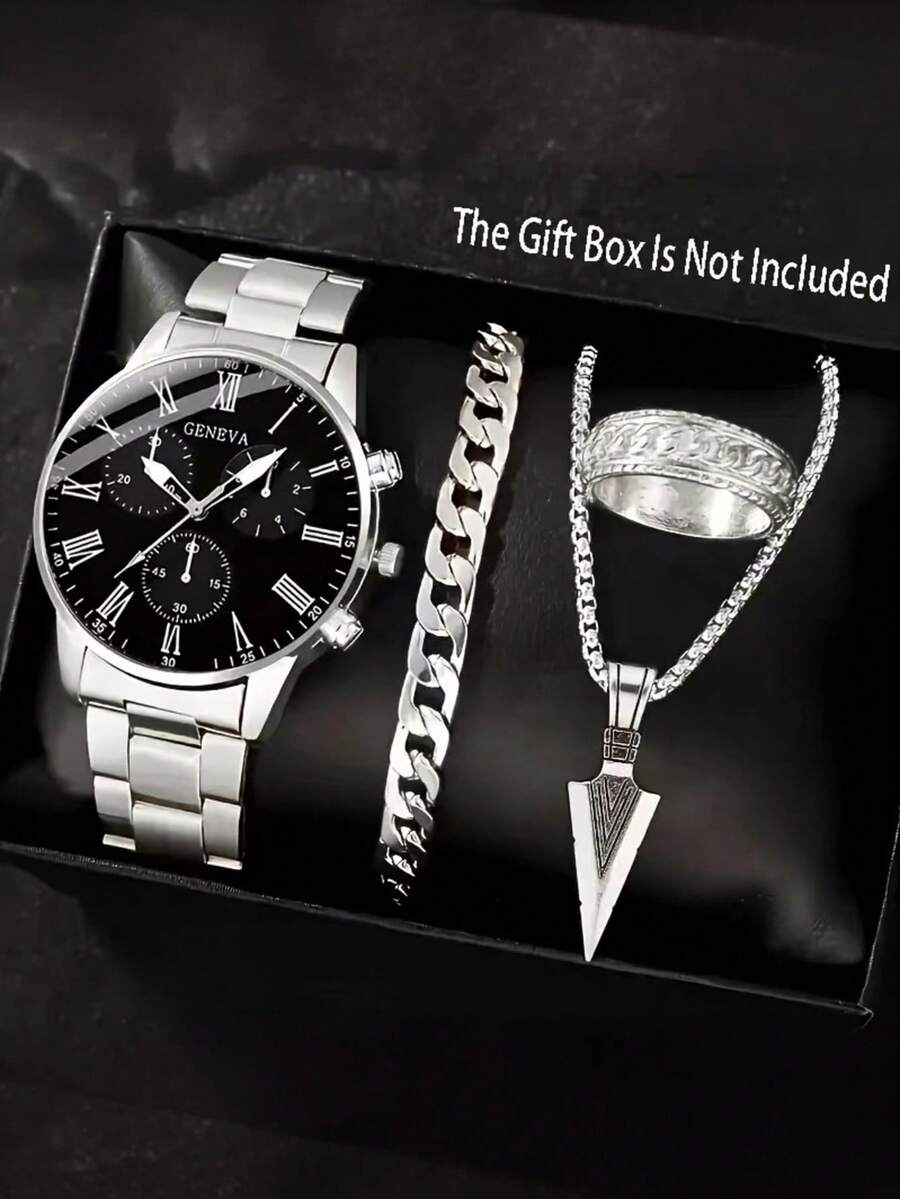 Conjunto de Joias Masculino com 4 Peças - Pulseira, Colar, Anel e Relógio