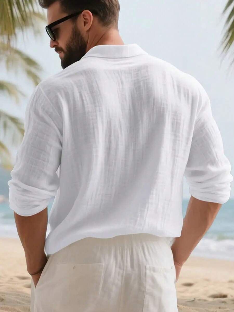 Camisa Masculina Polo de Linho Branco Manga Longa Jupters