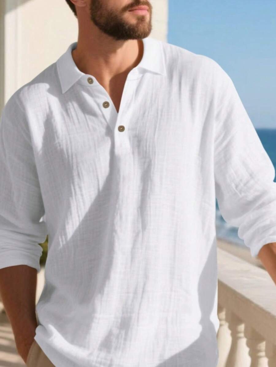 Camisa Masculina Polo de Linho Branco Manga Longa Jupters