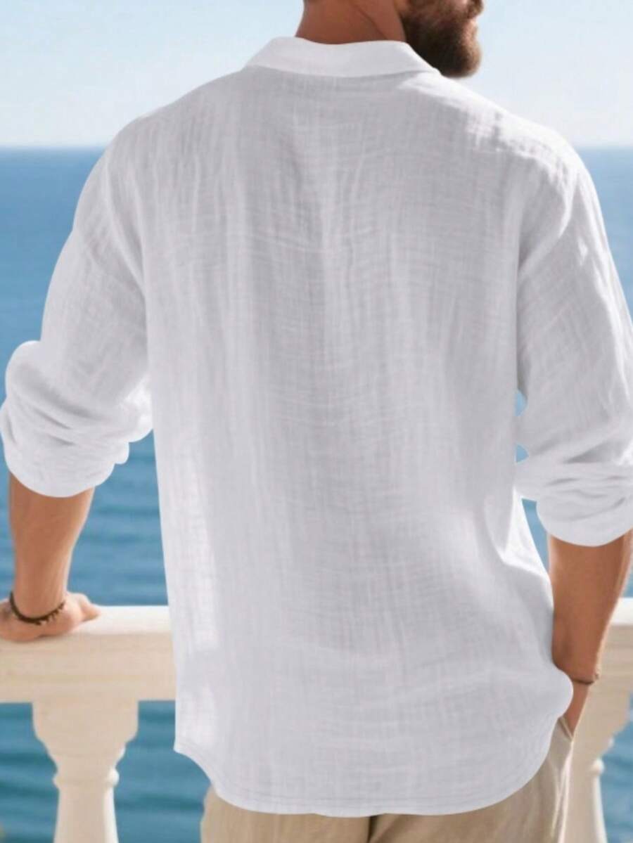 Camisa Masculina Polo de Linho Branco Manga Longa Jupters