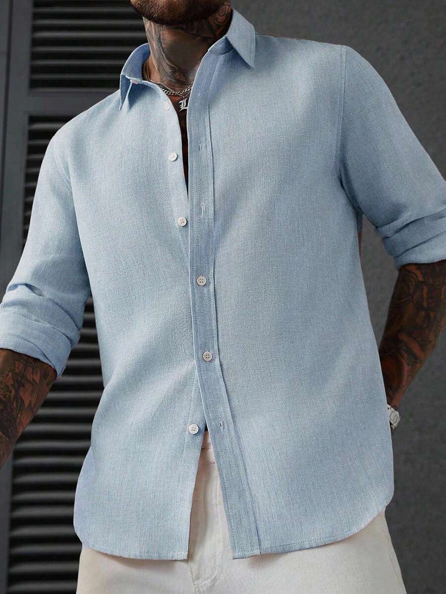 Camisa Masculina Casual de Linho de Manga Longa com Abotoamento Clock