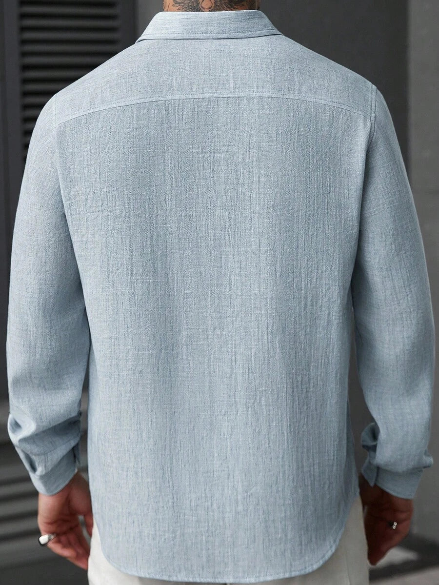 Camisa Masculina Casual de Linho de Manga Longa com Abotoamento Clock