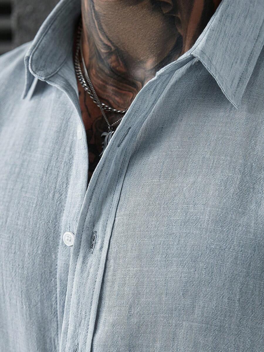 Camisa Masculina Casual de Linho de Manga Longa com Abotoamento Clock