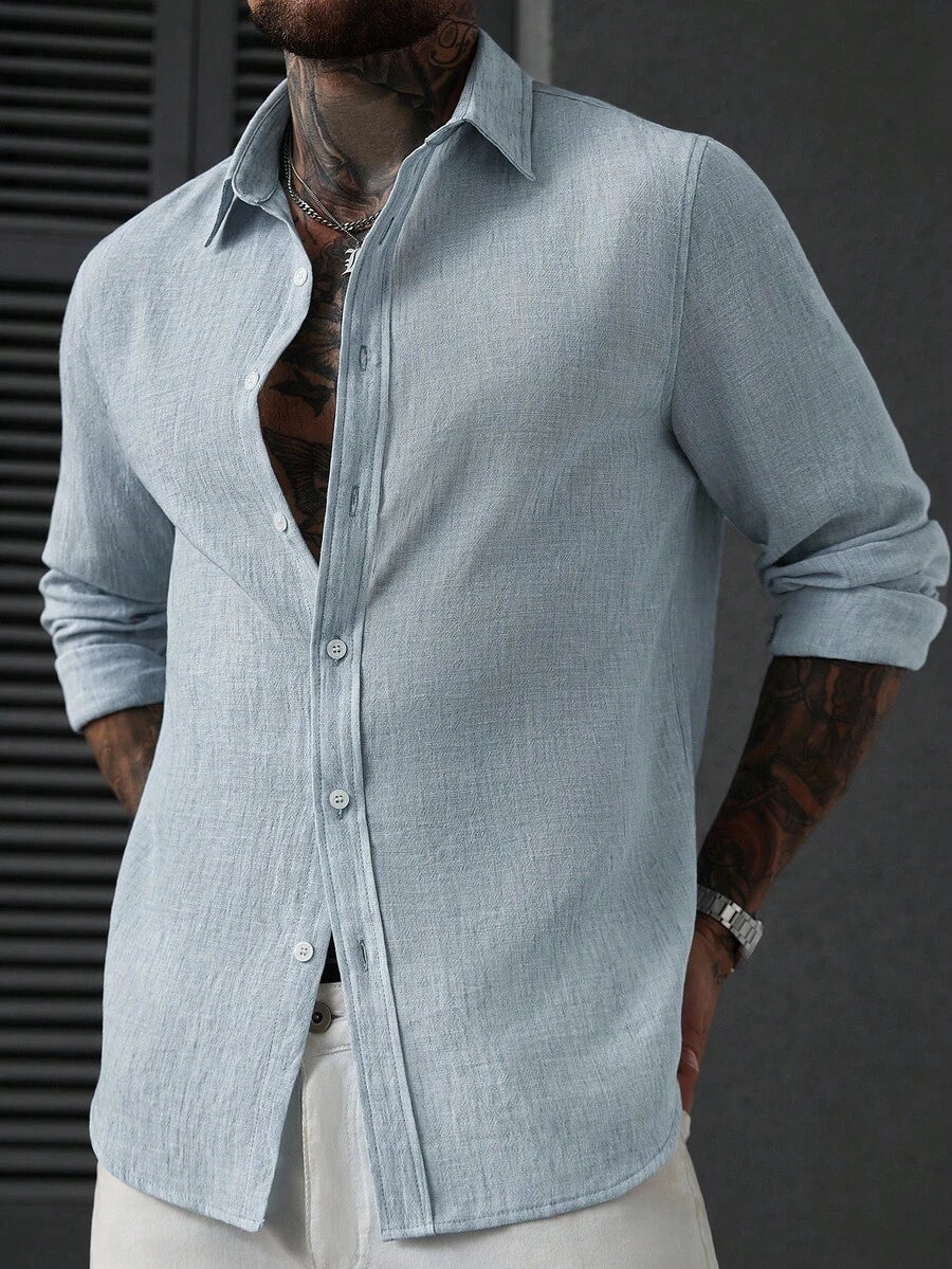 Camisa Masculina Casual de Linho de Manga Longa com Abotoamento Clock