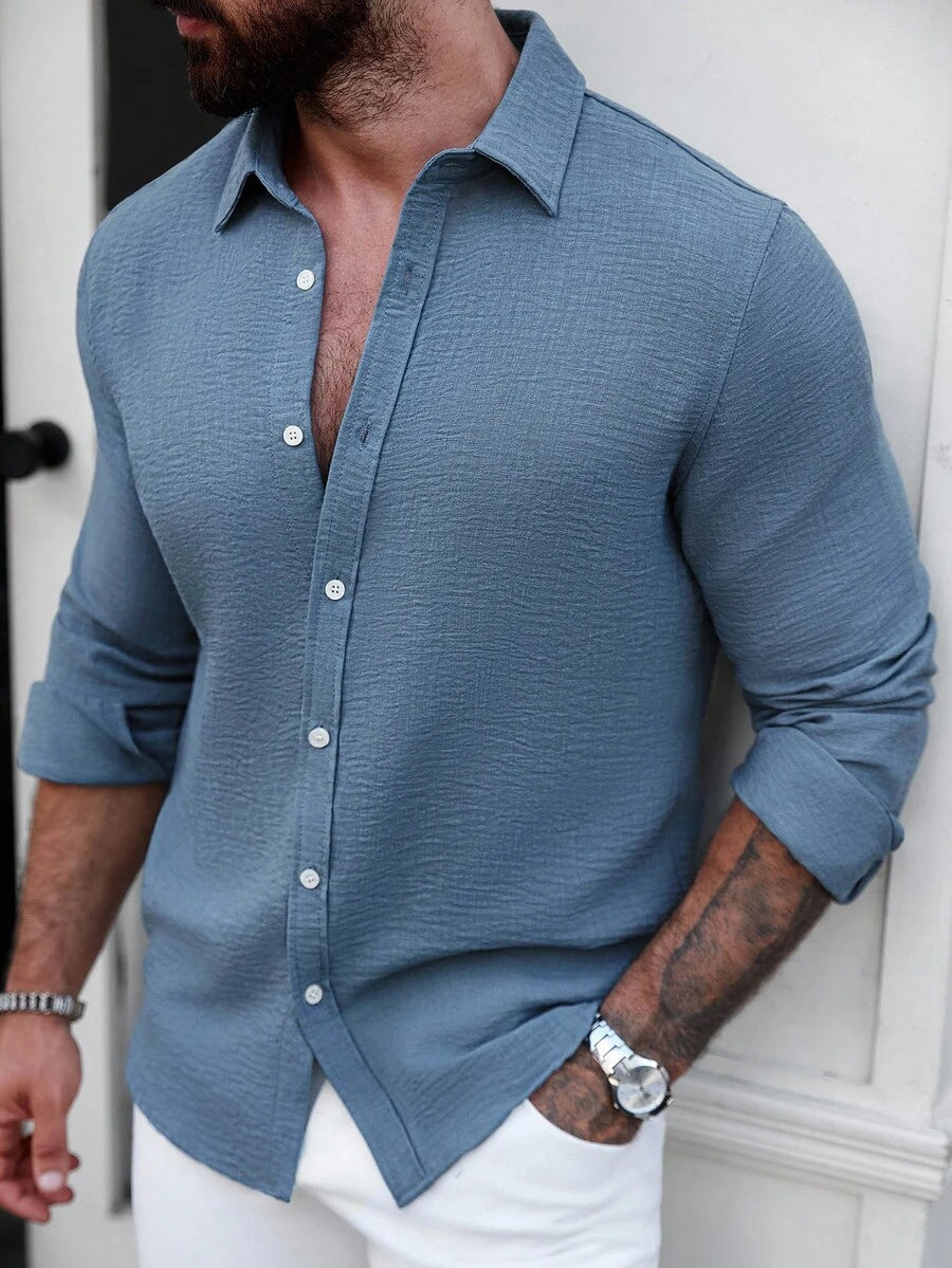 Camisa Masculina Casual de Linho de Manga Longa com Abotoamento Clock