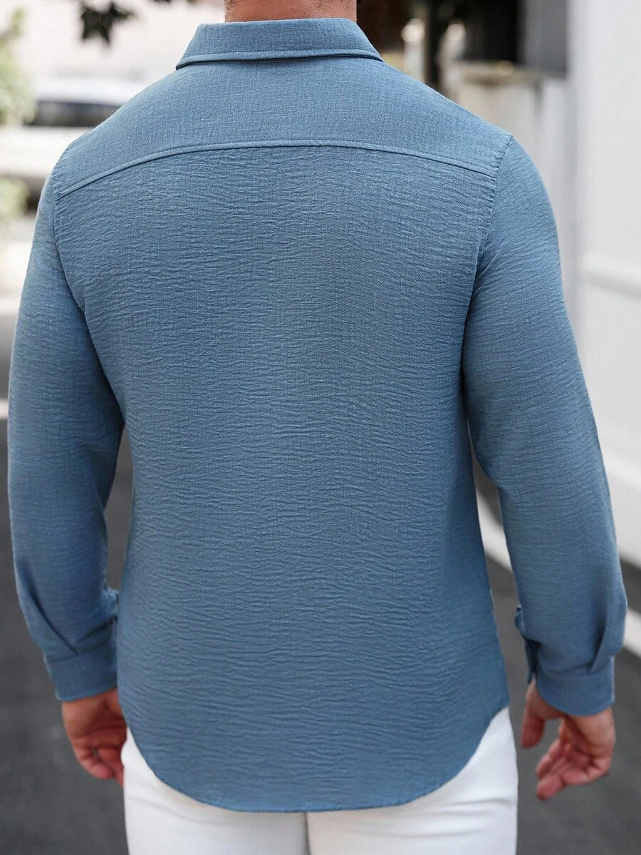 Camisa Masculina Casual de Linho de Manga Longa com Abotoamento Clock