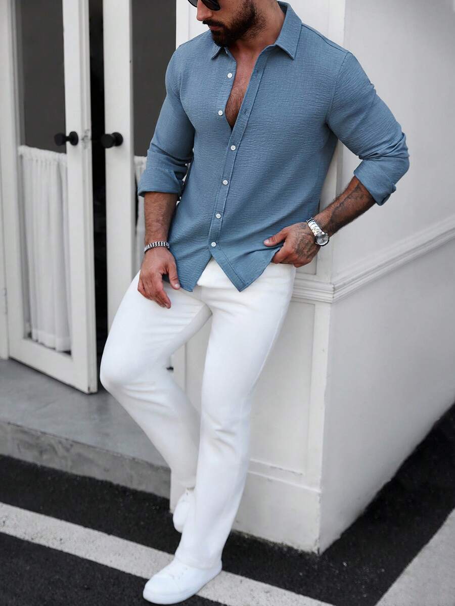 Camisa Masculina Casual de Linho de Manga Longa com Abotoamento Clock