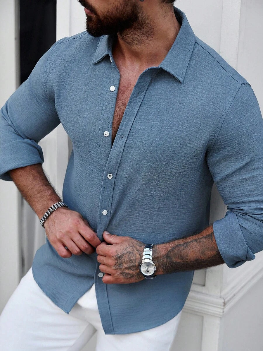 Camisa Masculina Casual de Linho de Manga Longa com Abotoamento Clock