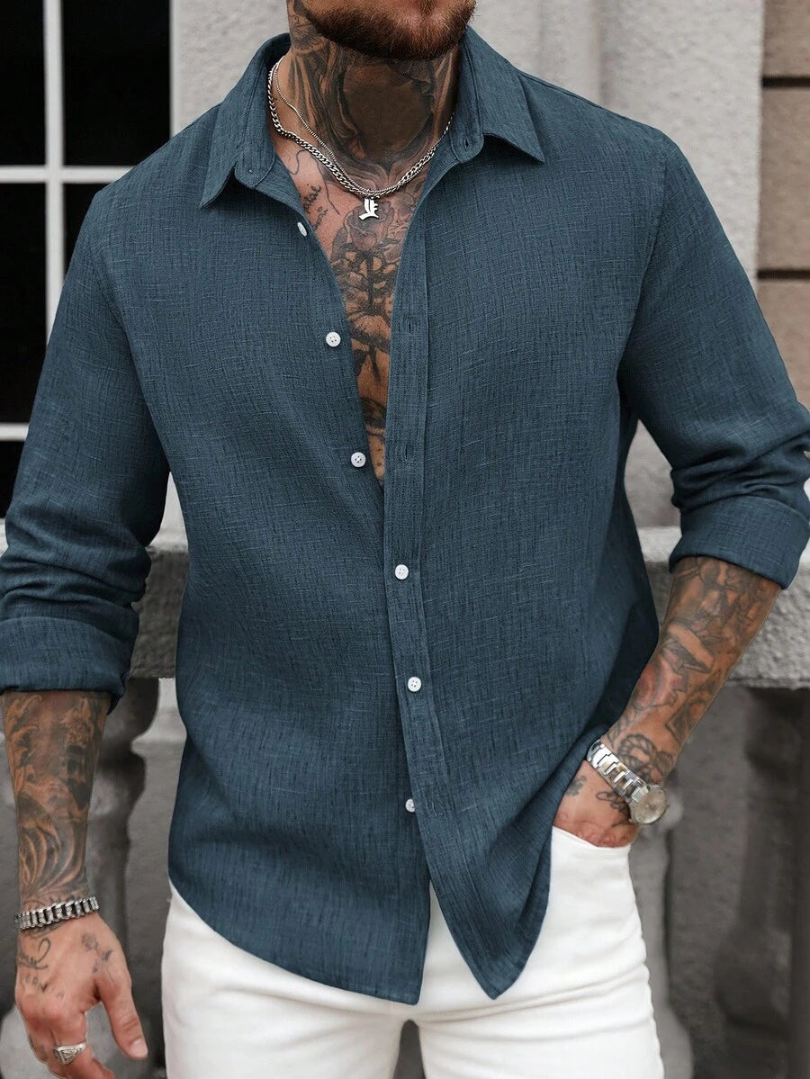Camisa Masculina Casual de Linho de Manga Longa com Abotoamento Clock