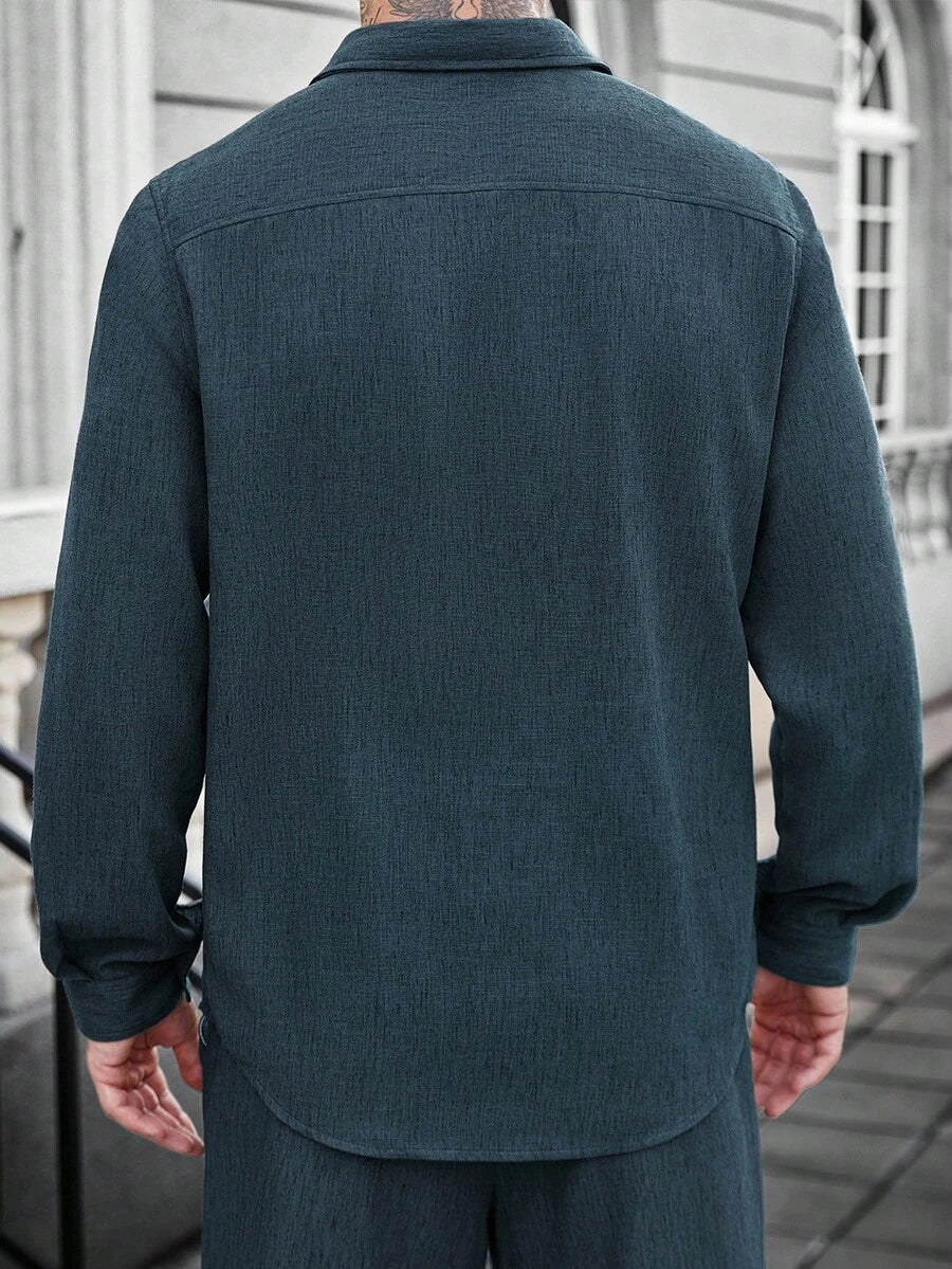 Camisa Masculina Casual de Linho de Manga Longa com Abotoamento Clock