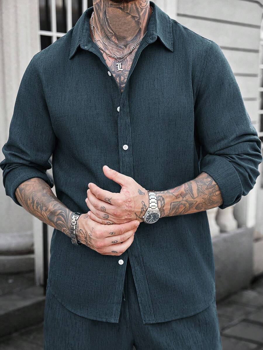 Camisa Masculina Casual de Linho de Manga Longa com Abotoamento Clock