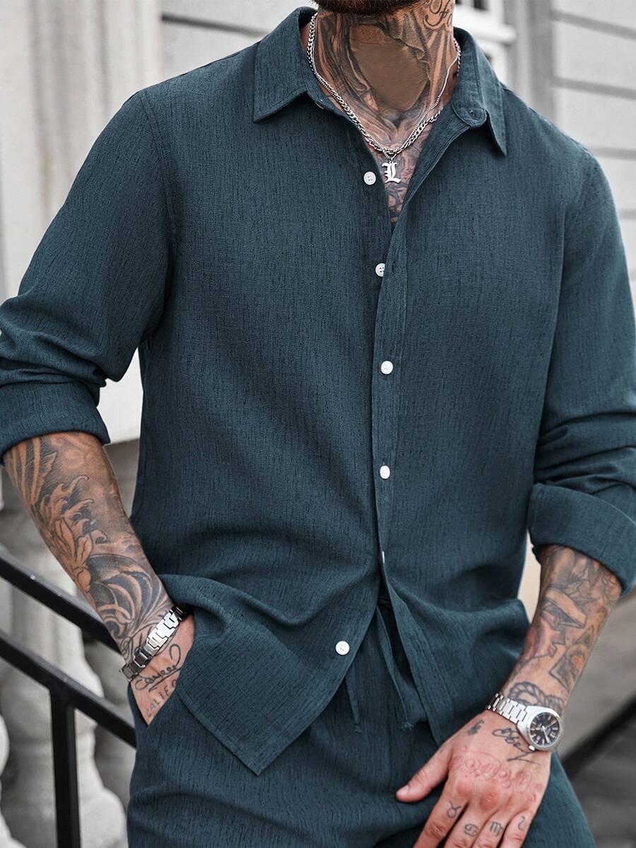 Camisa Masculina Casual de Linho de Manga Longa com Abotoamento Clock