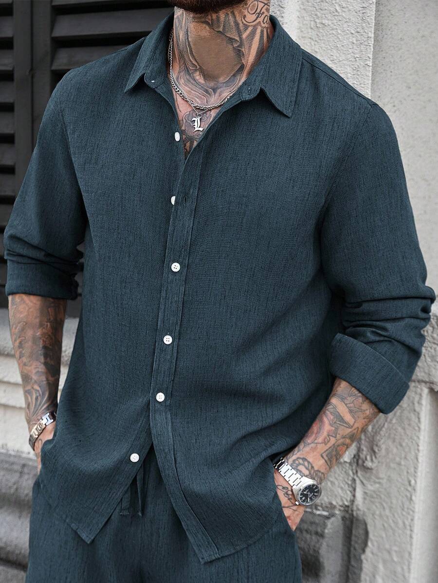 Camisa Masculina Casual de Linho de Manga Longa com Abotoamento Clock