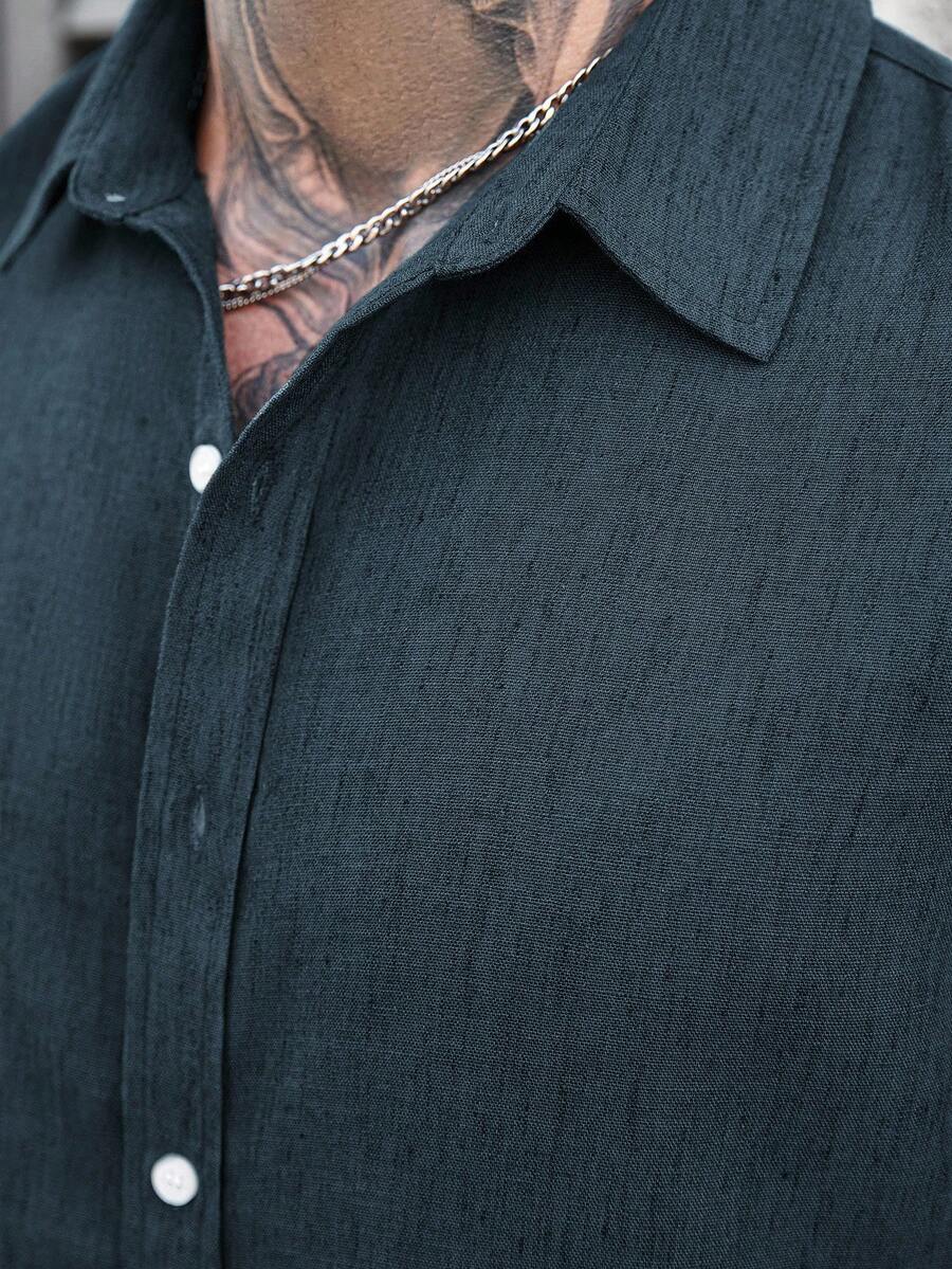 Camisa Masculina Casual de Linho de Manga Longa com Abotoamento Clock