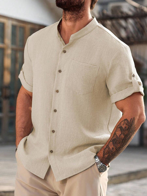 Camisa Masculina Casual de Manga Curta Solta e de Cor Sólida