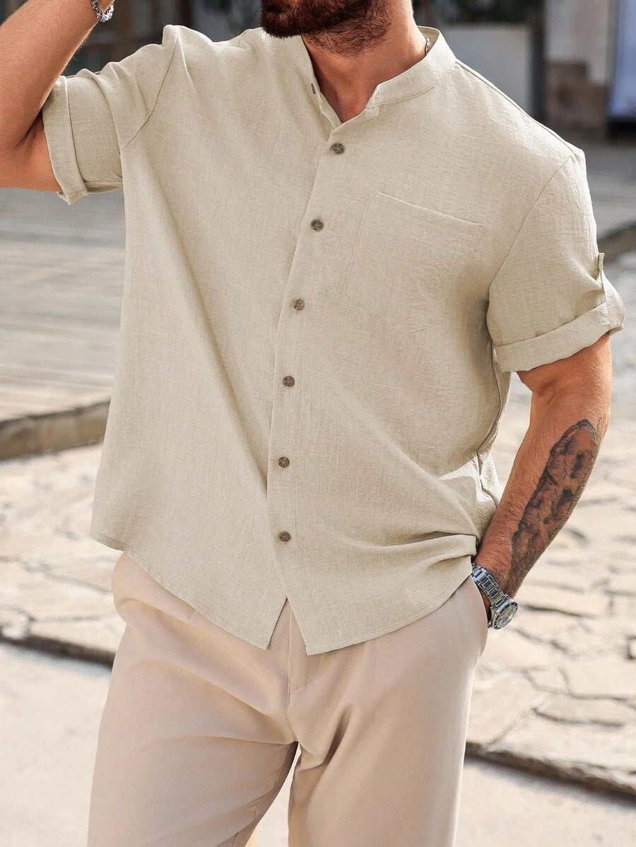 Camisa Masculina Casual de Manga Curta Solta e de Cor Sólida