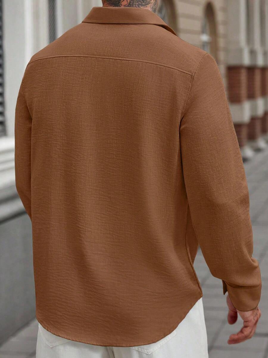Camisa Masculina Casual de Linho de Manga Longa com Abotoamento Clock