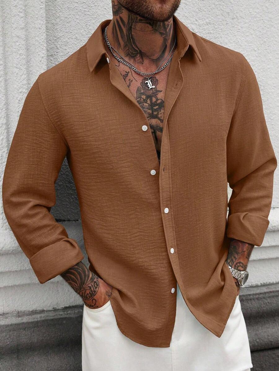 Camisa Masculina Casual de Linho de Manga Longa com Abotoamento Clock