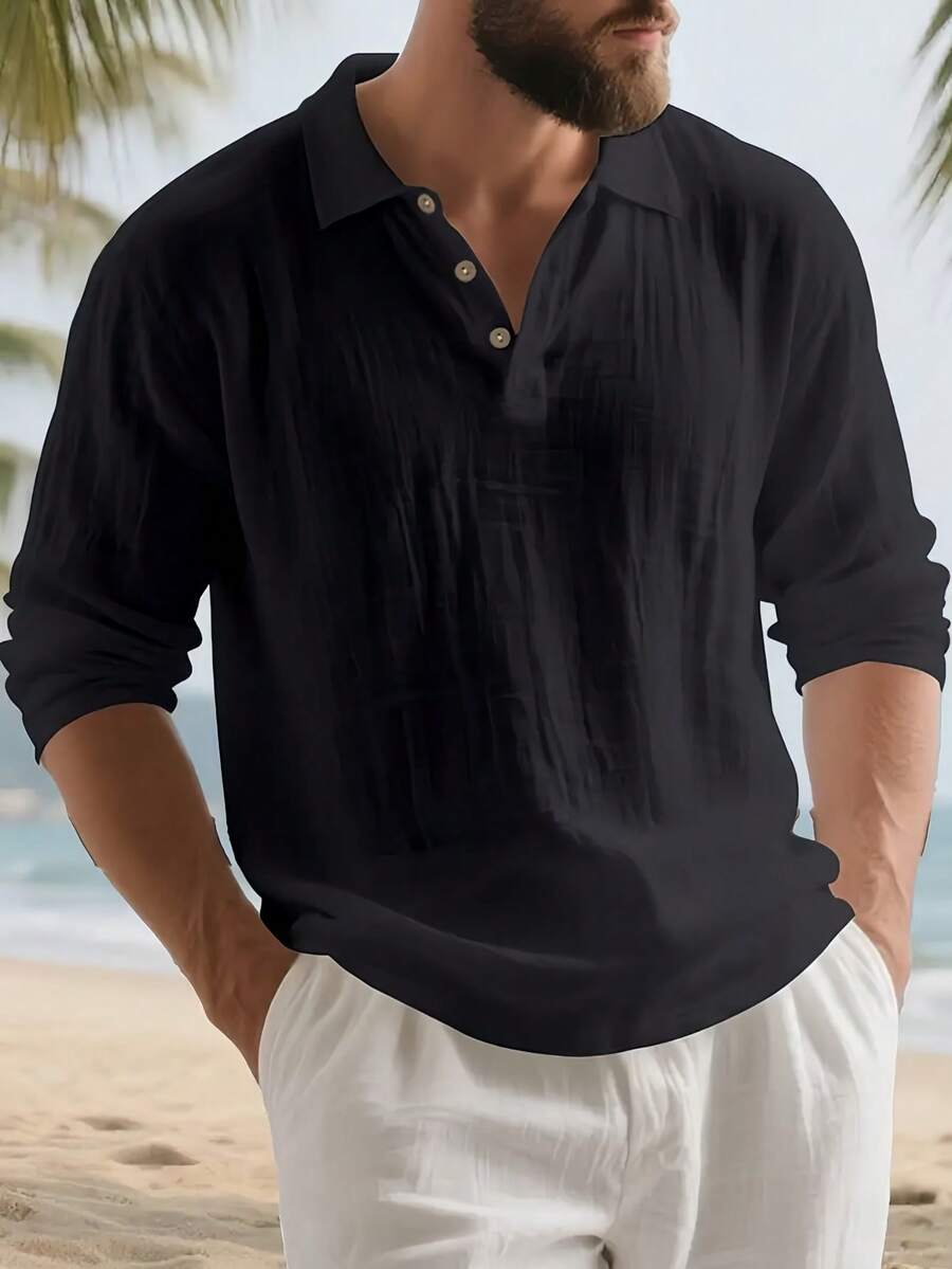 Camisa Masculina Polo de Linho Branco Manga Longa Jupters