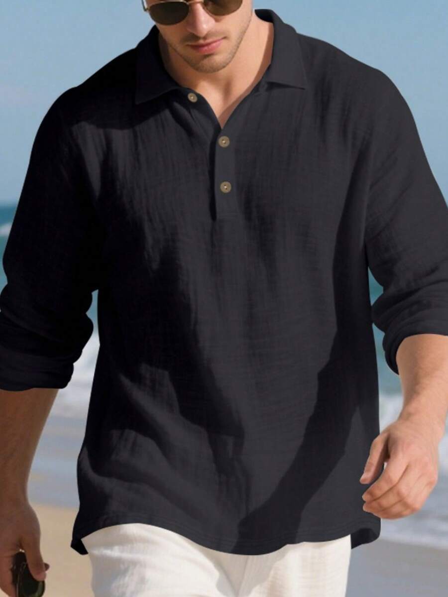 Camisa Masculina Polo de Linho Branco Manga Longa Jupters