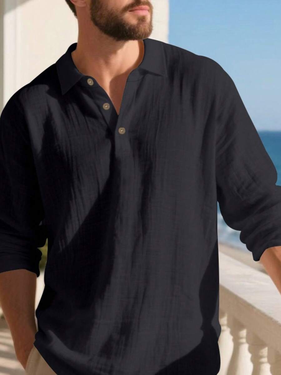 Camisa Masculina Polo de Linho Branco Manga Longa Jupters