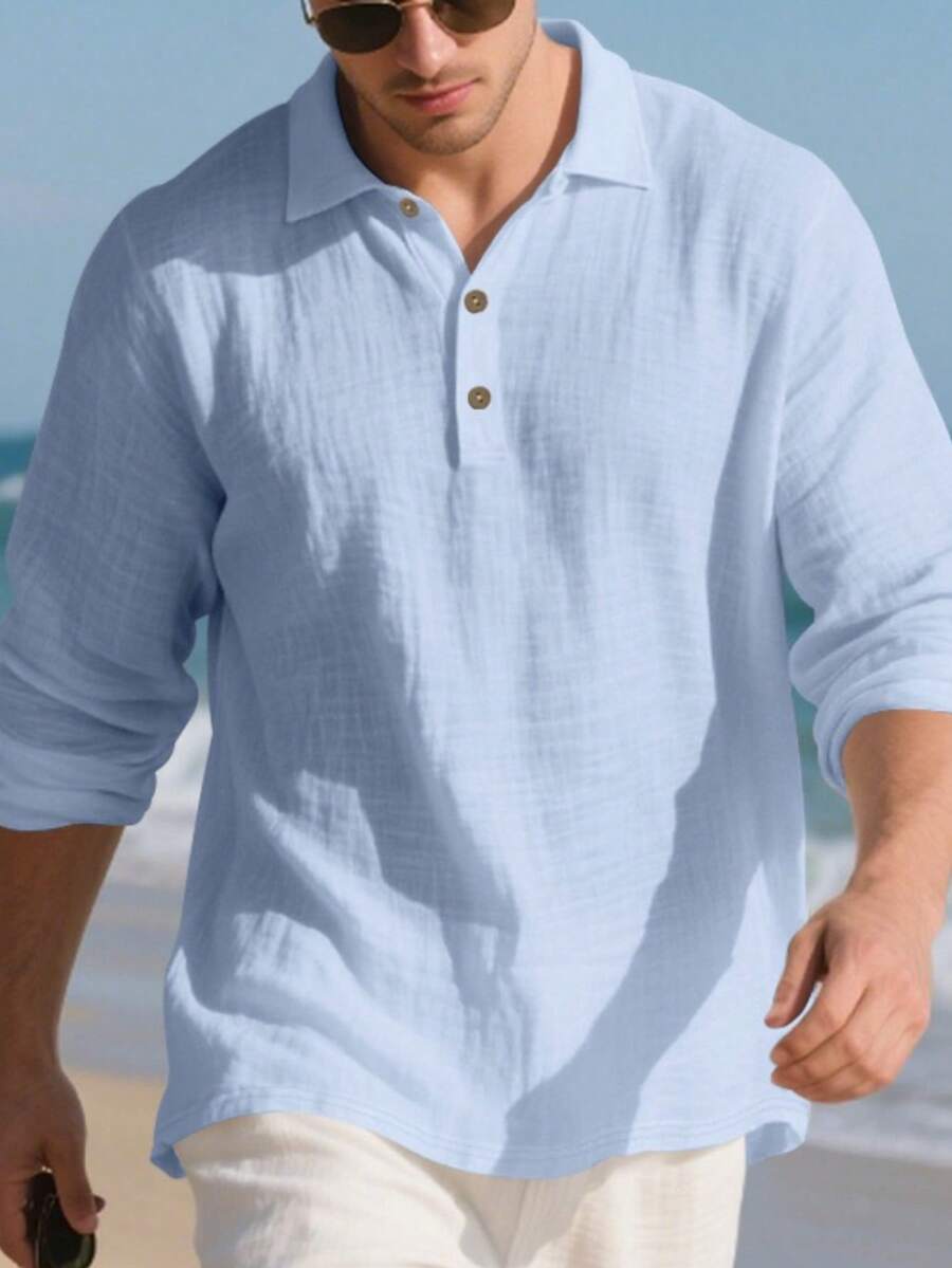 Camisa Masculina Polo de Linho Branco Manga Longa Jupters