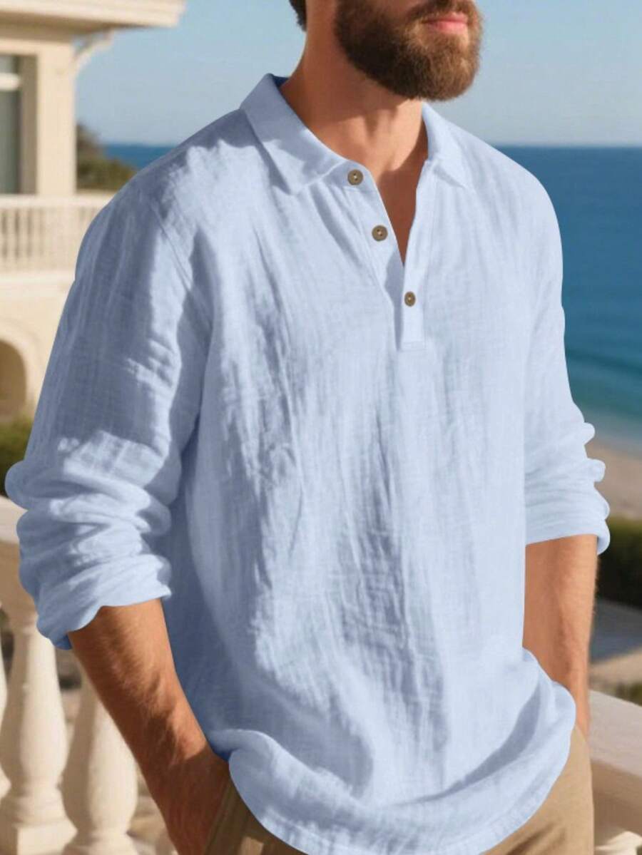 Camisa Masculina Polo de Linho Branco Manga Longa Jupters