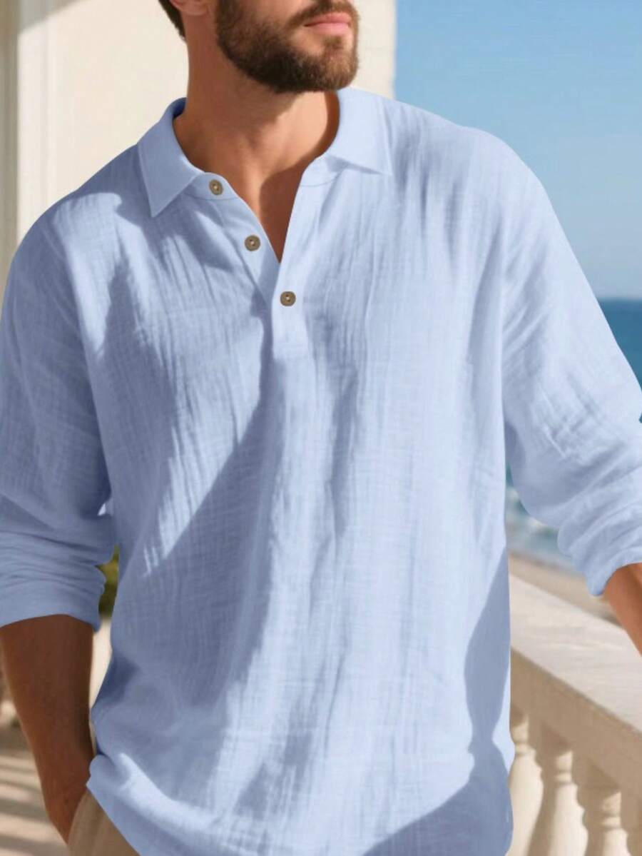 Camisa Masculina Polo de Linho Branco Manga Longa Jupters