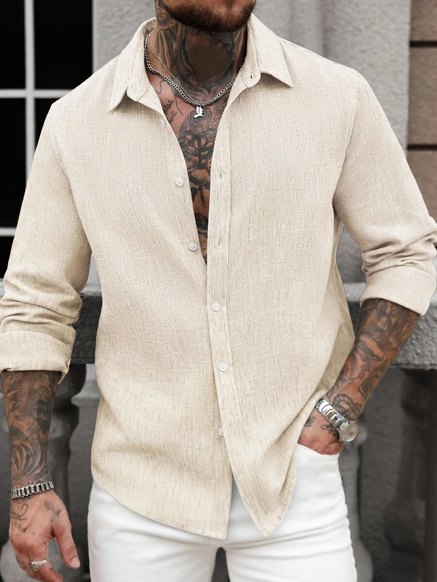 Camisa Masculina Casual de Linho de Manga Longa com Abotoamento Clock