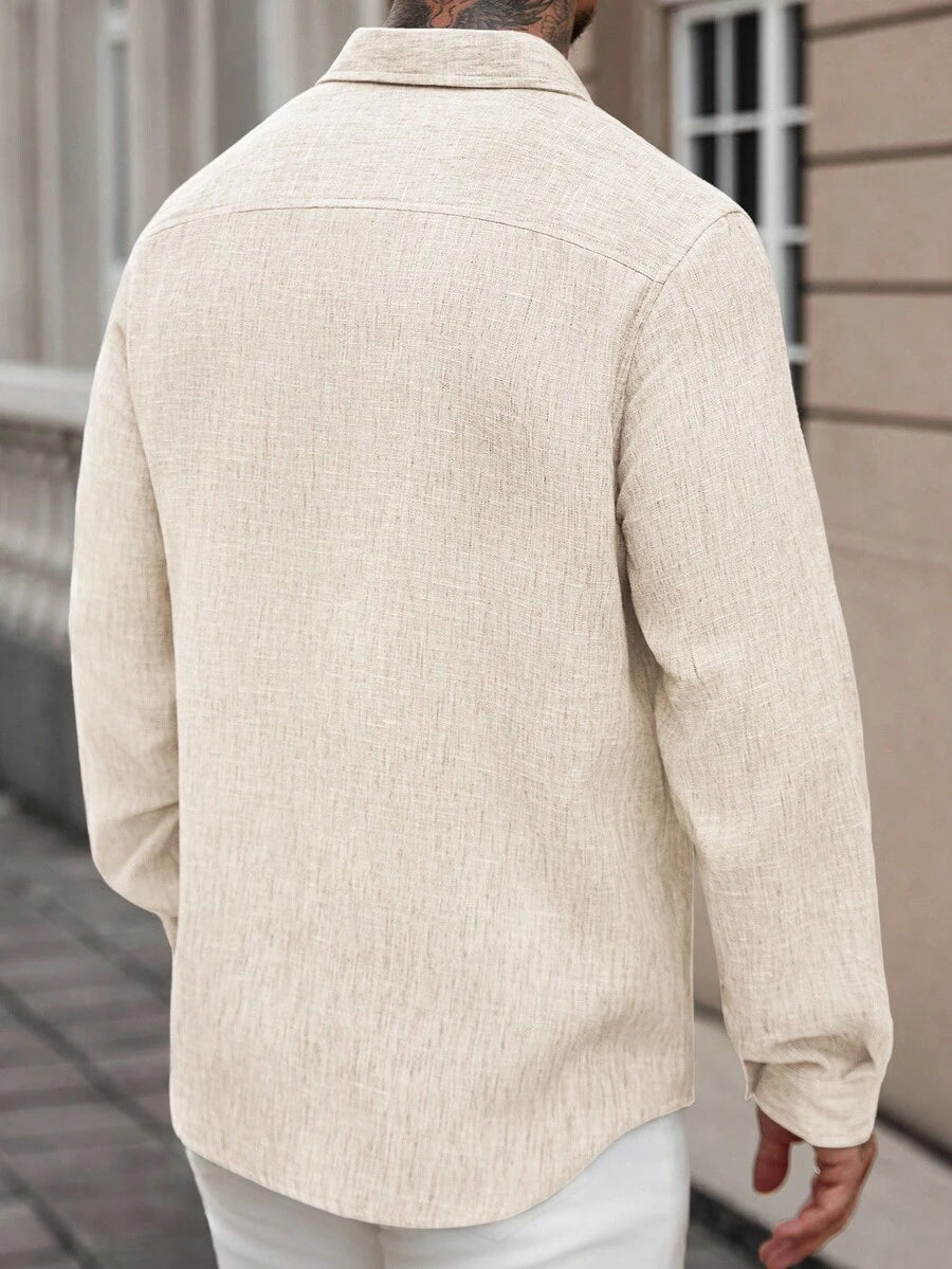 Camisa Masculina Casual de Linho de Manga Longa com Abotoamento Clock