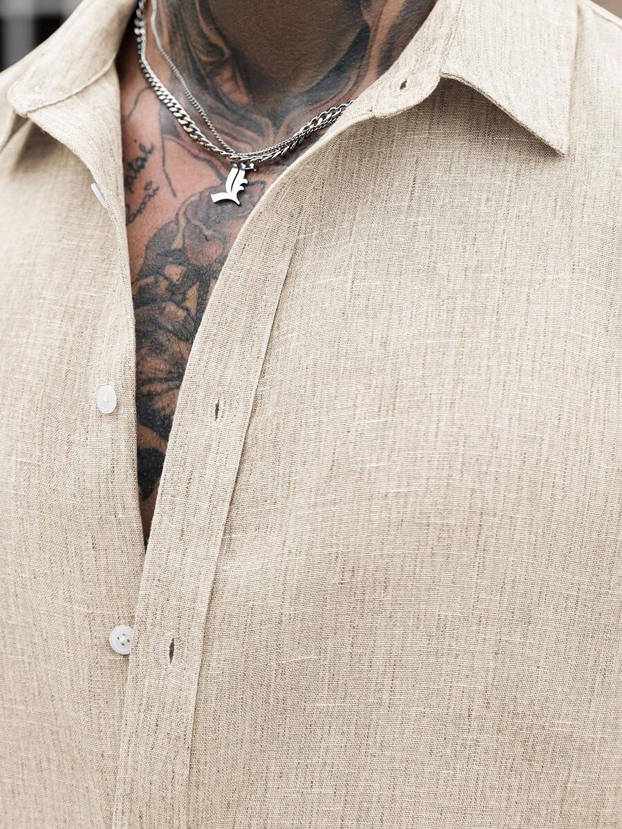 Camisa Masculina Casual de Linho de Manga Longa com Abotoamento Clock